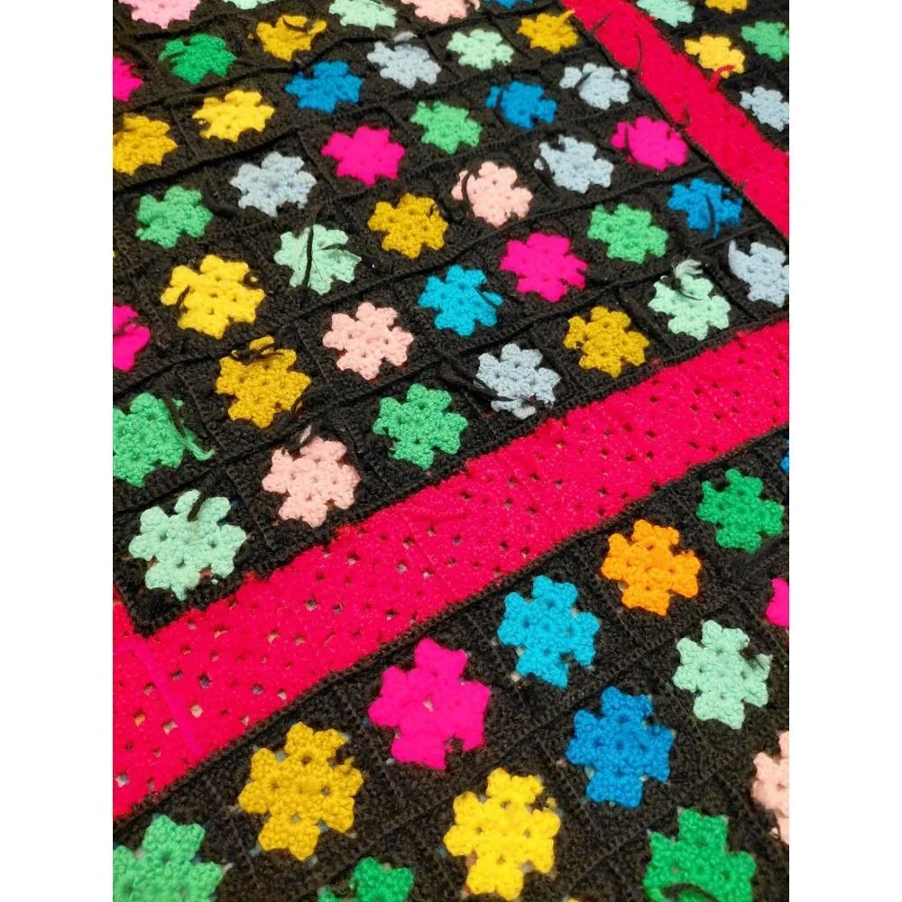 Vtg 70s Granny Square Throw Afghan Multicolor‎ Stained Glass 